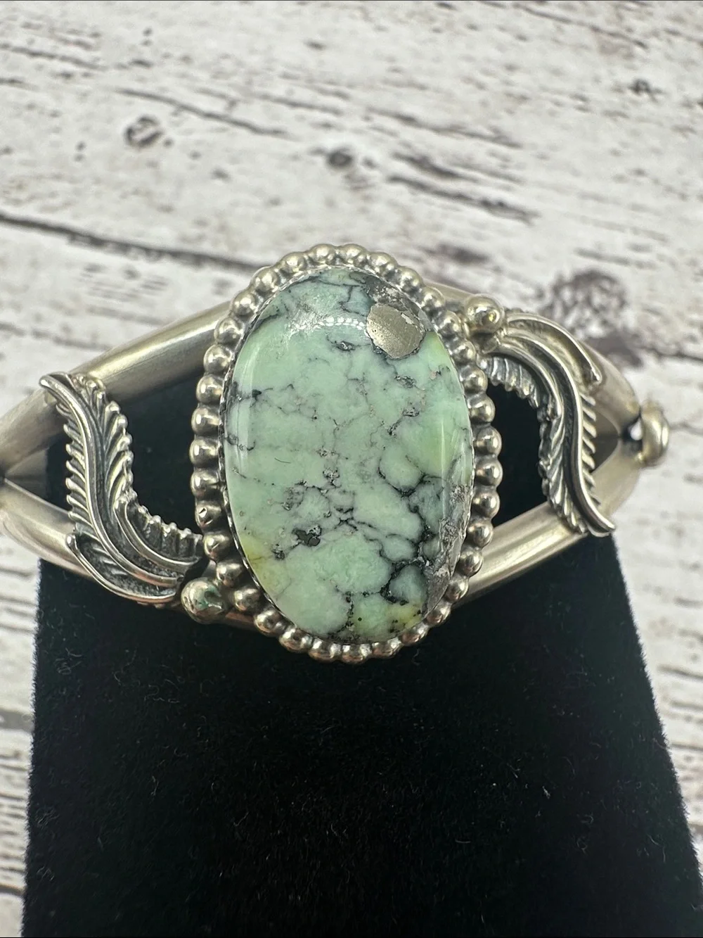 Silver Cuff Bracelet with Light Green Turquoise Stone
